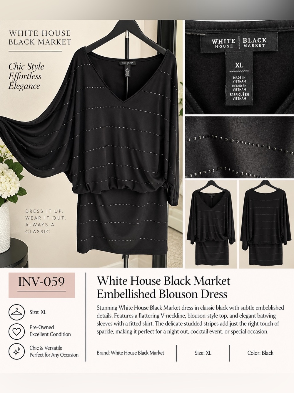 White House Black Market Black Embellished Blouson Tunic